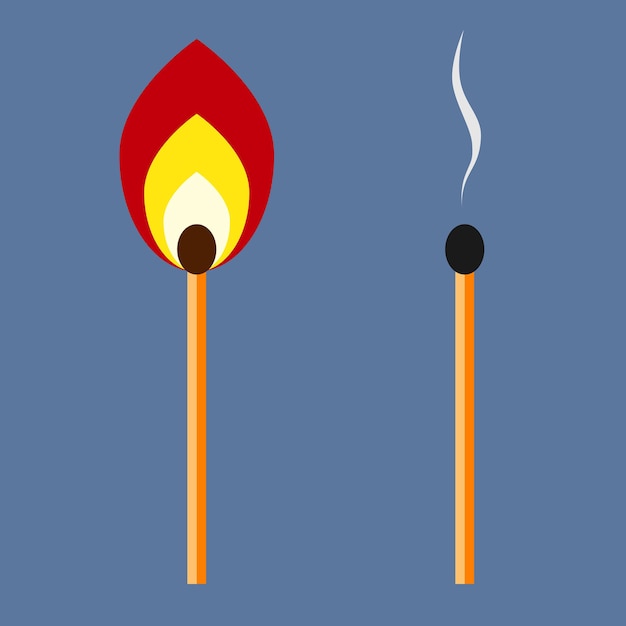 Burning match and burned one with smoke. Flat style EPS 10 vector illustration, no transparency