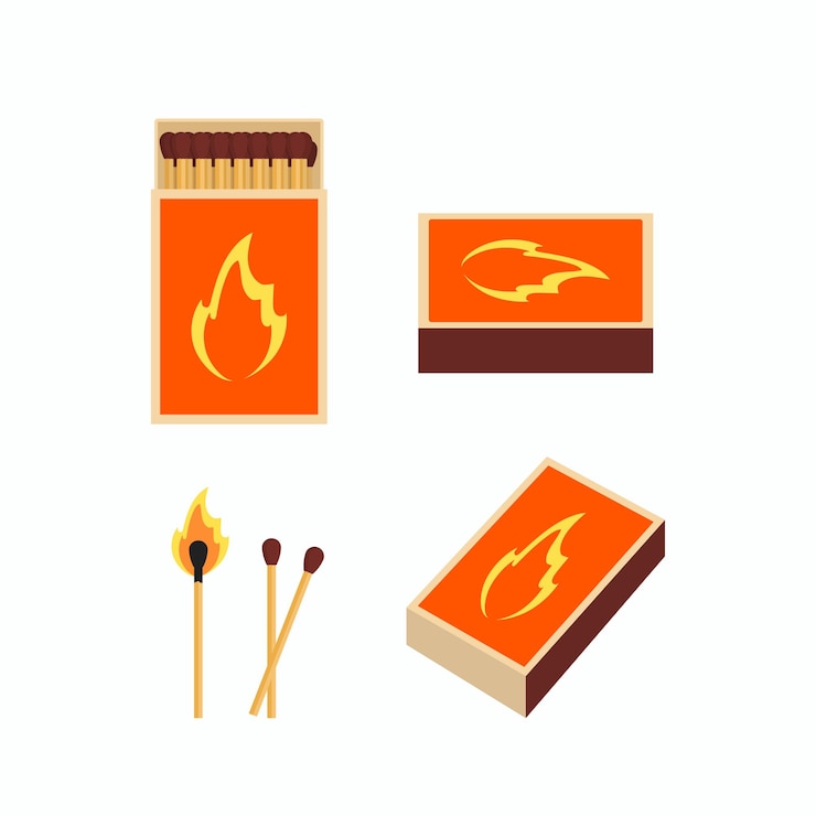 Vector burning match and matchbox set flat vector illustration