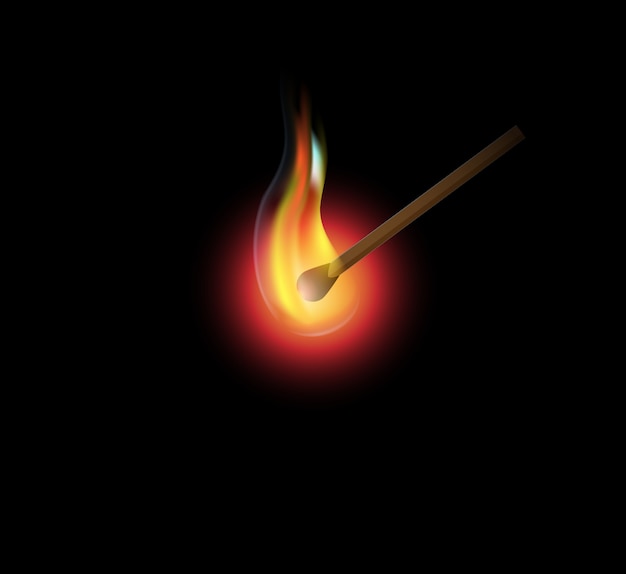 Burning match, realistic fire on a black background.