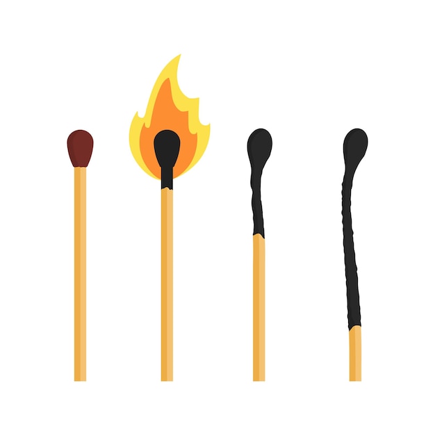 Burning match set flat illustration