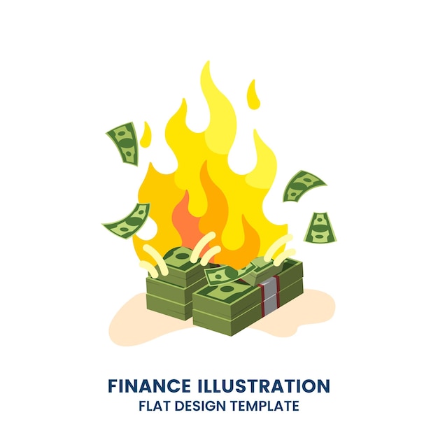 Vector burning money bankruptcy financial crisis and inflation concept wasting money finance illustration