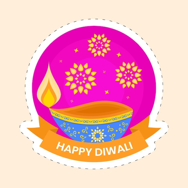 Burning Oil LampDiya Against Mandala Pink Background For Happy Diwali Sticker