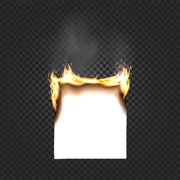 Vector burning paper sheet a4 edges close up isolated on black checkered background