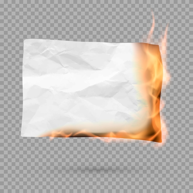 Vector burning piece of crumpled paper with copy space. crumpled paper blank. creased paper texture in fire.