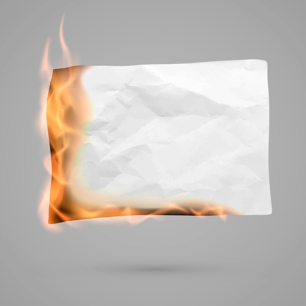 Vector burning piece of crumpled paper with copy space. crumpled paper blank. creased paper texture in fire.