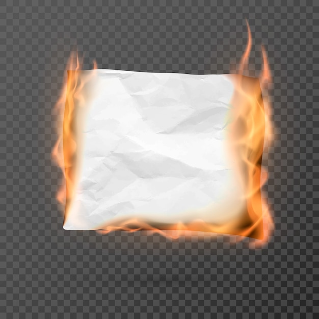 Vector burning piece of crumpled paper with copy space. crumpled paper blank. creased paper texture in fire.