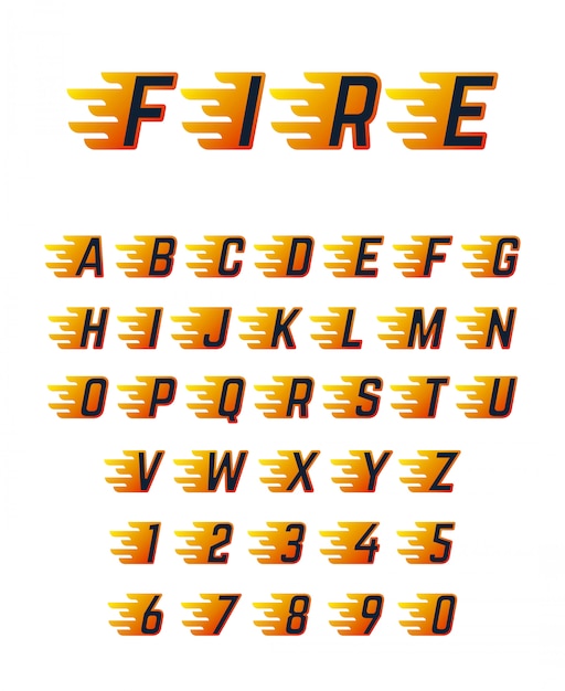 Burning running letters with flame. hot fire vector font alphabet for racing car