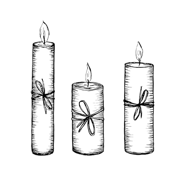 Burning scented candles in black and white sketch Comfort theme Illustration of typical wax candle