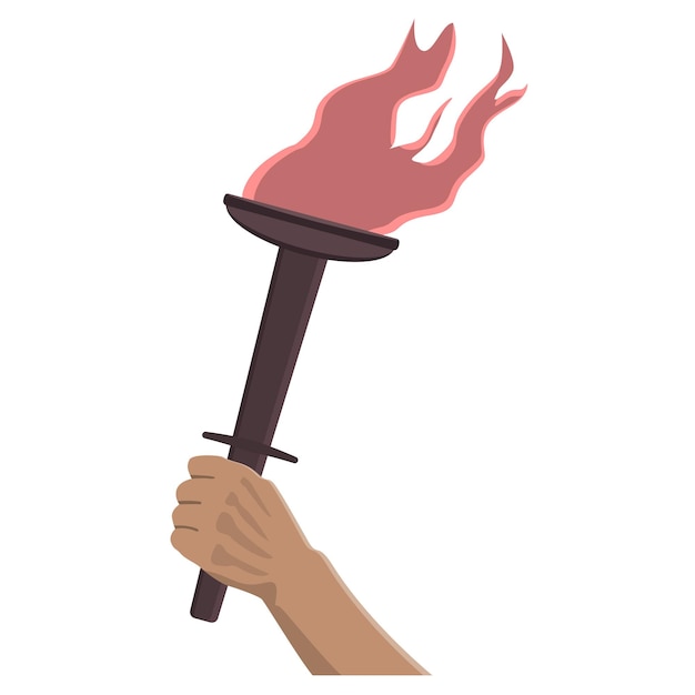 Burning torch in hand in cartoon style isolated on white Design element Vector illustration