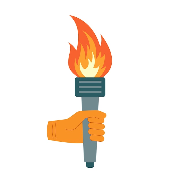 Vettore torcia in fiamme con la fiamma in mano simboli dei giochi olimpici gara di staffetta vittoria