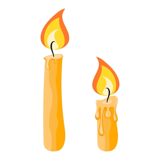 Burning wax candle The melted candle The lighting candle with falme Vector