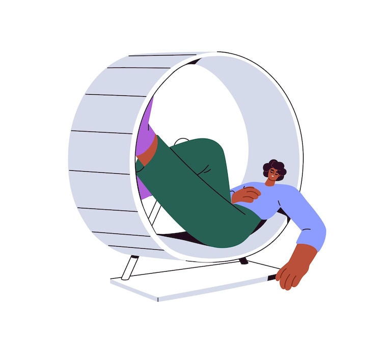 Vector burnout concept exhausted tired character stopped running in hamster wheel quitting rat race overworked woman fatigue from routine flat graphic vector illustration isolated on white background