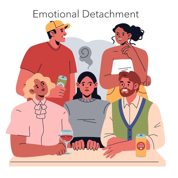 burnout signs concept illustration portraying emotional detachment in social settings with