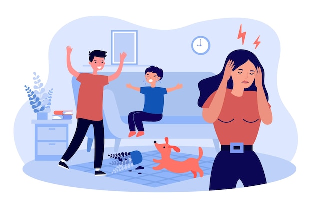 Vector burnout of tired mother because of naughty hyperactive children. stress and fatigue of upset woman flat vector illustration. family problem concept for banner, website design or landing web page