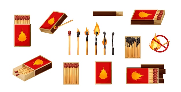Vector burnt match stick with fire and matchbox set of boxes opened and close isplated on white background