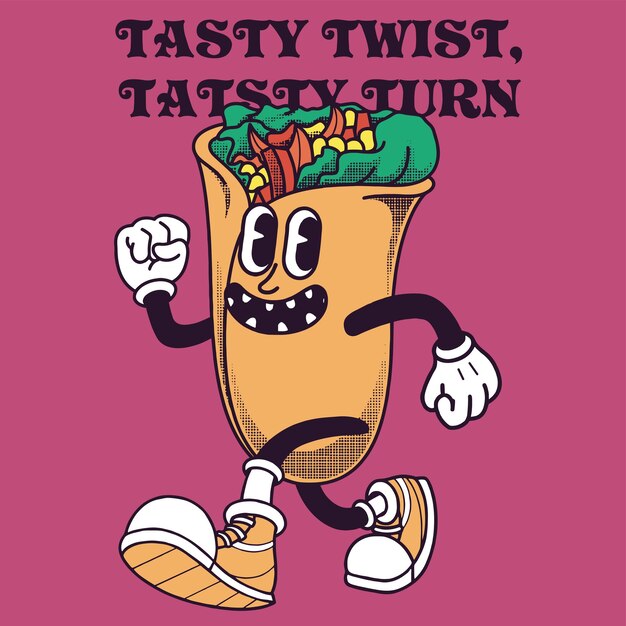 Burrito Character Design met Slogan Tasty twist tasty turn