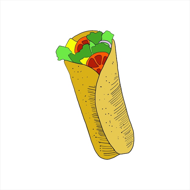 Burrito gekleurde eenvoudige doodle vector hand getekende illustratie geïsoleerd op wit