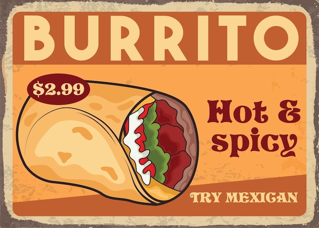 Burrito 멕시코 음식 레스토랑 광고 복고풍 포스터 벡터 디자인