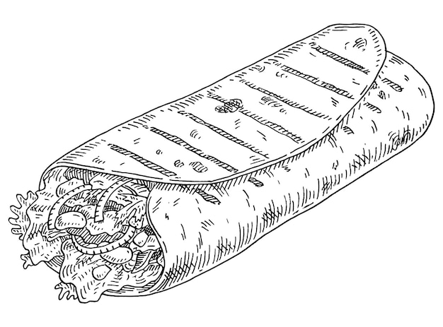 Vettore burrito. cibo tradizionale messicano. illustrazione di tratteggio grigio monocromatico di vettore dell'annata isolato su priorità bassa bianca. disegno disegnato a mano