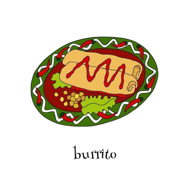 Burrito on the ornamental plate and vegetables isolated on white background