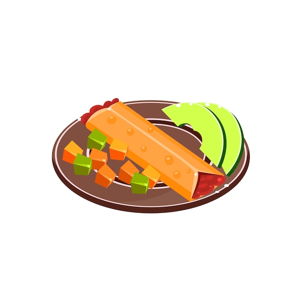 Vector burrito on the plate traditional mexican cuisine sample vector drawing in realistic cartoon style isolated on white background