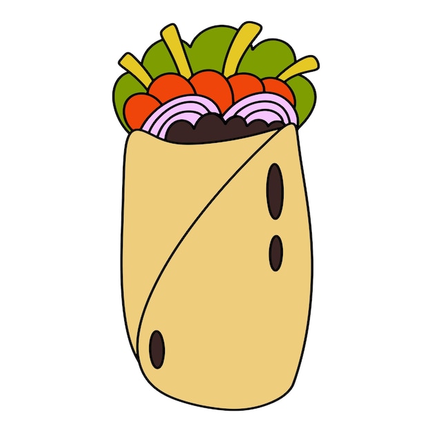 Burrito semplice doodle disegnato a mano piatto messicano cibo latinoamericano disegno della linea di contorno