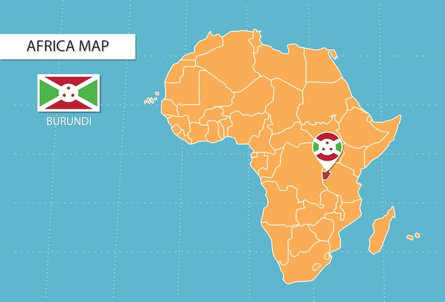 Burundi map in Africa, icons showing Burundi location and flags.