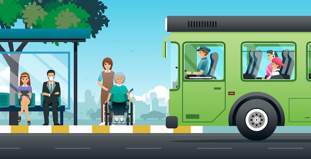 Vector the bus driver stopped safely to pick up passengers and wheelchair users at the stop