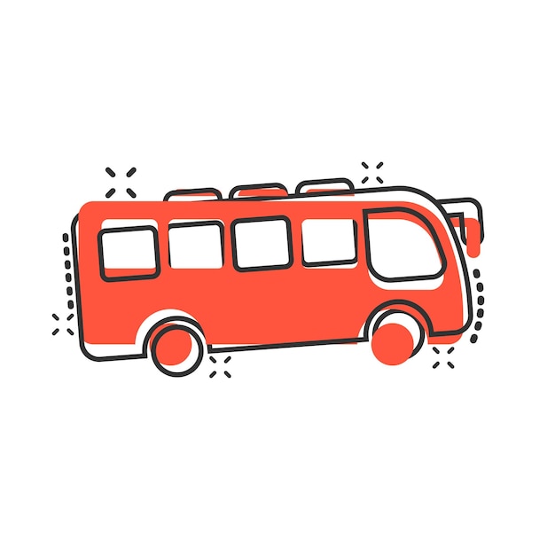 Iconica di autobus in stile comico illustrazione vettoriale di cartoni animati su sfondo bianco isolato concetto di business dell'effetto di spruzzo del veicolo dell'autobus