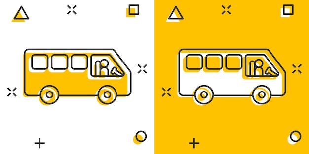 バス アイコン コミック スタイル コーチ漫画ベクトル イラスト分離白地 Autobus 車両スプラッシュ効果ビジネス コンセプト