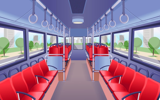 Vector bus inside view. empty bus interior. vector illustration.