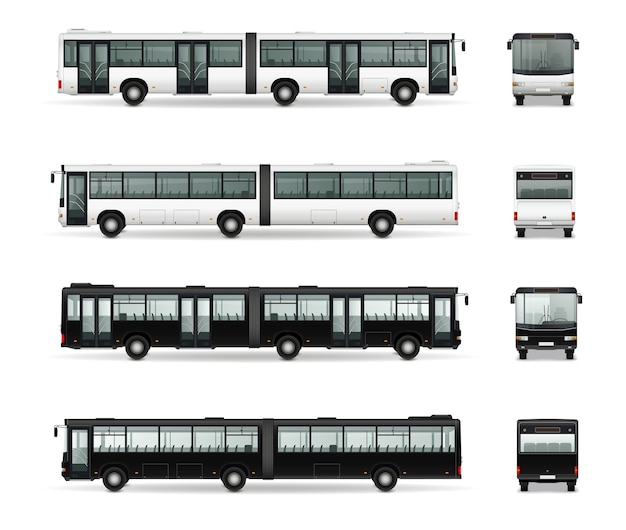 Vector bus mockup set with isolated realistic images of black and white colored buses with twin coach vector illustration