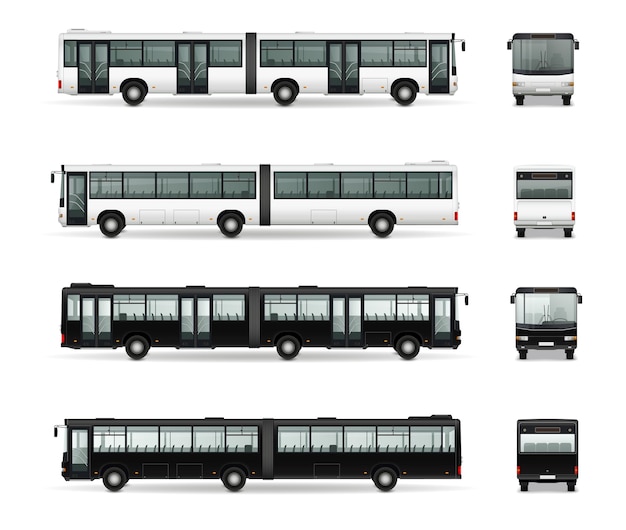Вектор Макет автобуса с изолированными реалистичными изображениями черно-белых автобусов с векторной иллюстрацией двойного автобуса
