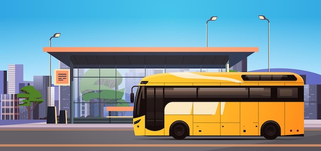 автобус в современном здании городского транспорта станция общественного транспорта терминал ожидания для пассажирских вагонов удобная концепция движения горизонтальная векторная иллюстрация