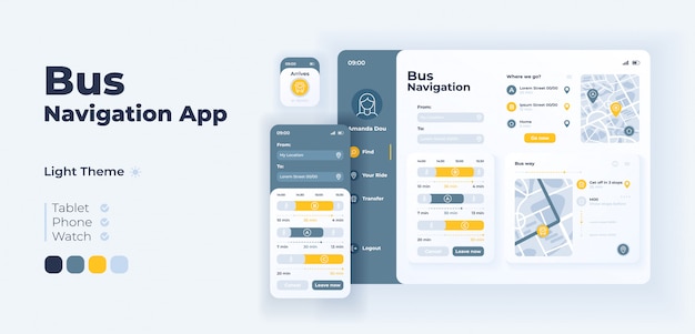 Bus navigation app screen adaptive design template. Passenger transport schedules and routes application light mode interface with flat illustrations. Smartphone, tablet, smart watch cartoon UI