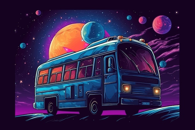 벡터 미래 색상 팔레트의 우주에 있는 행성의 버스 우주 여행 우주 택시 벡터 그림 eps 10