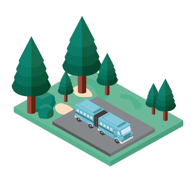 Bus parkeren en bomen scène isometrische pictogram