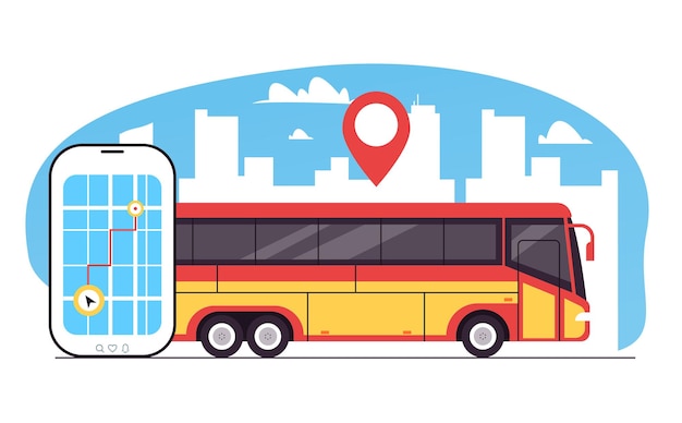 Вектор Концепция мобильного приложения для навигации по маршрутам общественных автобусов