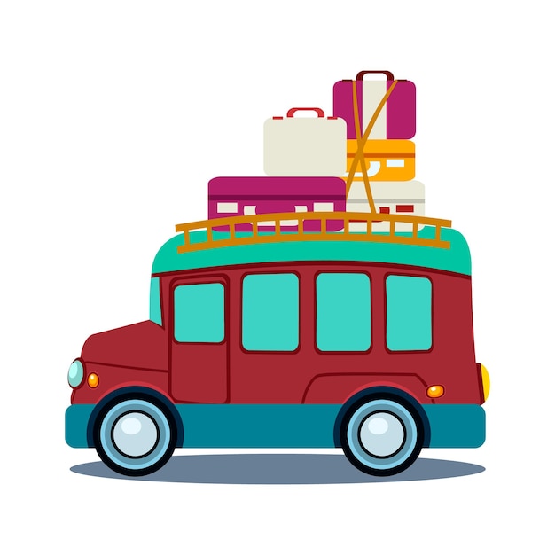 Вид сбоку на автобус с кучей багажа, плоская векторная иллюстрация