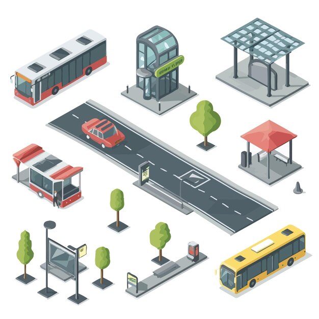 Vector bus_stop_and_two_way_road_isometric_icon_set