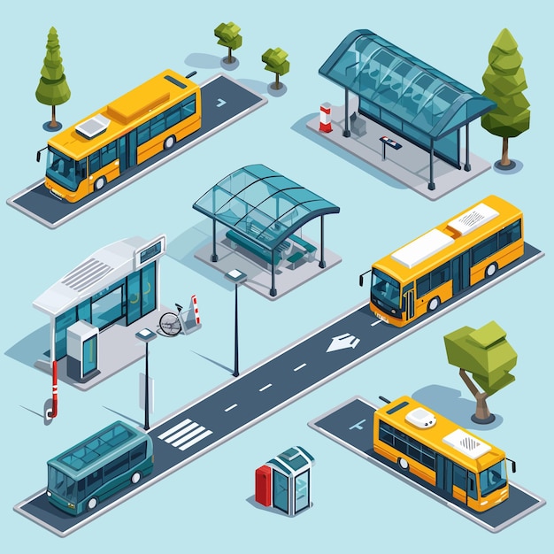 Vector bus_stop_and_two_way_road_isometric_icon_set