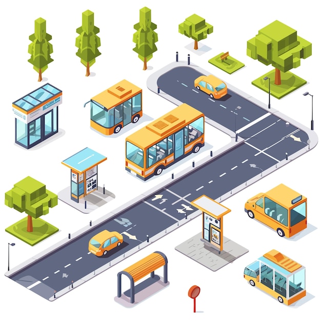 Автобусная остановка и двусторонняя дорога изометрическая икона
