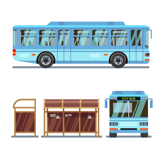 Vector bus stop and city bus