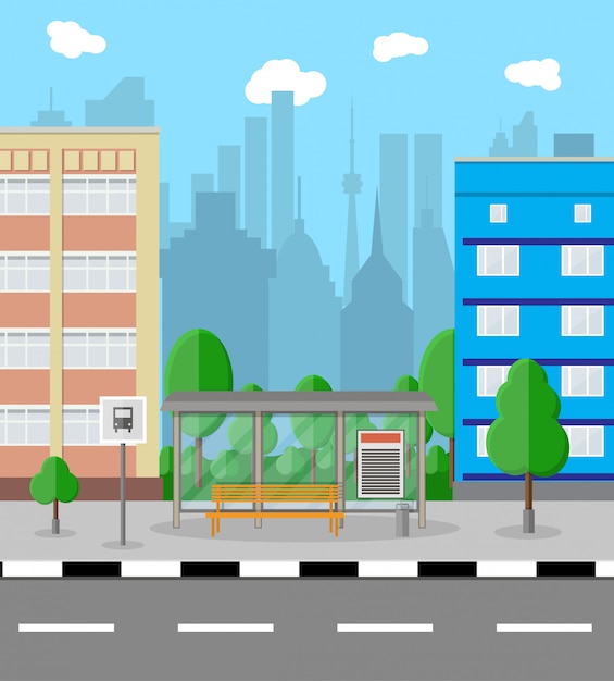 Vector bus stop in city. road, trees, trash bin, clouds