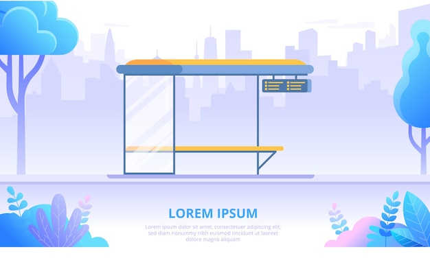 Modello di vettore banner piatto fermata dell'autobus. illustrazione del fumetto di strada urbana vuota. pensilina per autobus sullo sfondo dello skyline della città. sistema di trasporto comunale. stazione degli autobus con panchina e orari