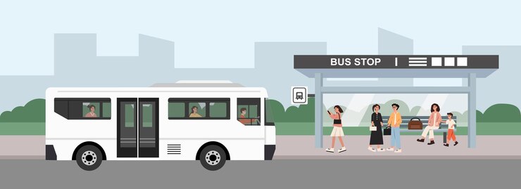 Vector bus stop scene with people and bus