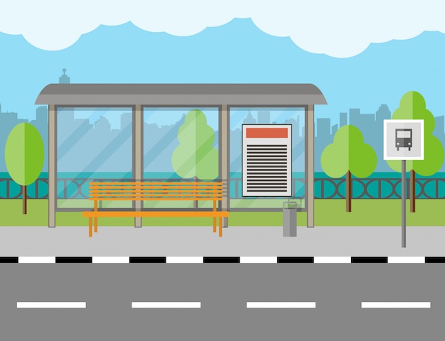 Vector bus stop with bench and city background