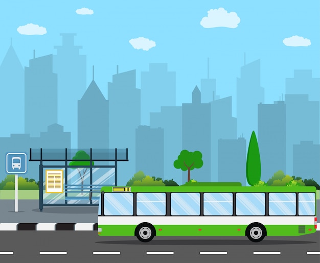 Bus stop with city skyline