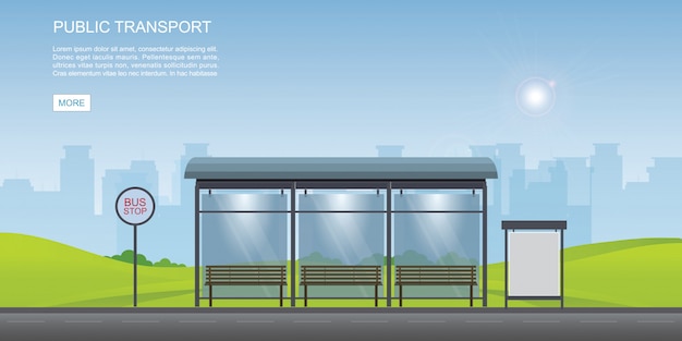 Vettore fermata dell'autobus con vista sullo sfondo della città e cartellone vuoto.
