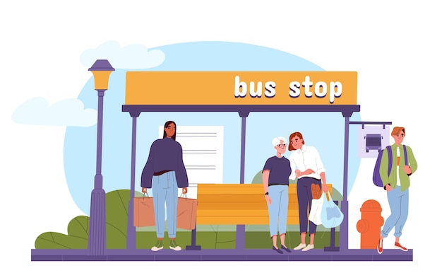 bus stop with people concept young guy and girls wait for transport urban infrastructure travel and trip around city cartoon flat vector illustration isolated on white background